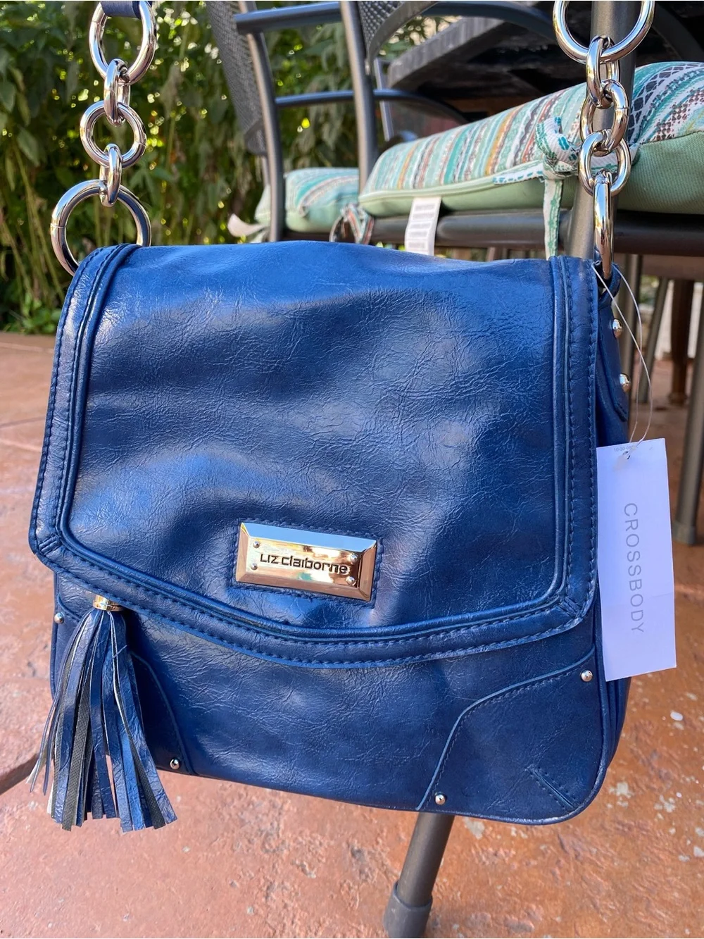 Liz Claiborne Navy Blue Leather Crossbody Bag with Tassel